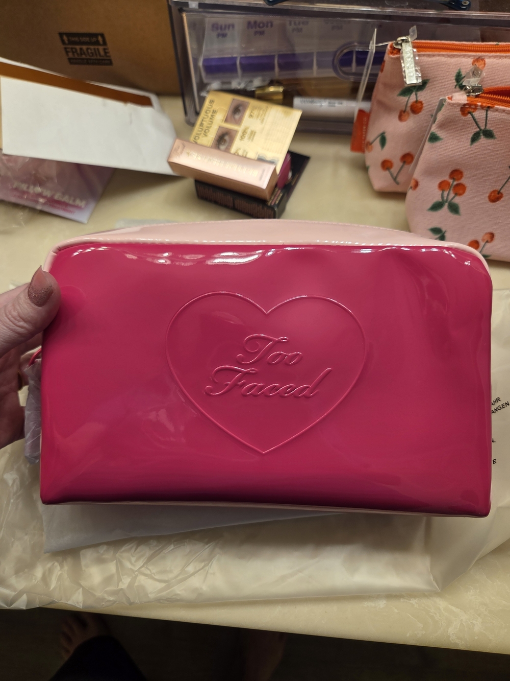 Too Faced Bright Pink Patent Heart Logo Cosmetic Pouch